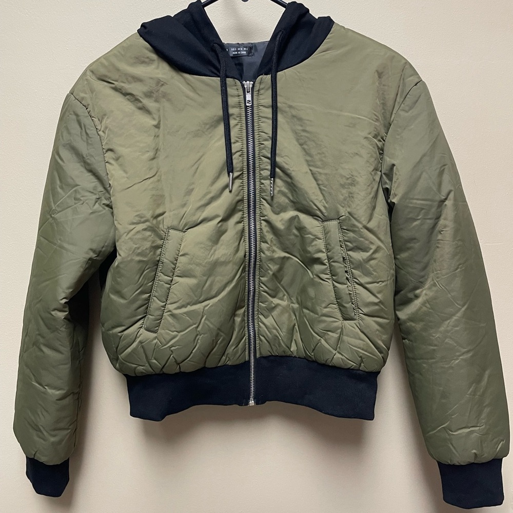 Olive Green Bomber Jacket with Black Hood